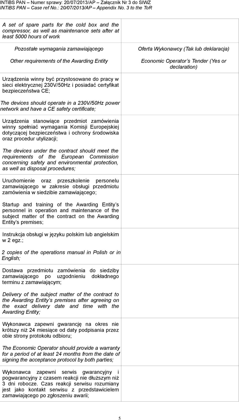 CE; The devices should operate in a 230V/50Hz power network and have a CE safety certificate; Urządzenia stanowiące przedmiot zamówienia winny spełniać wymagania Komisji Europejskiej dotyczącej