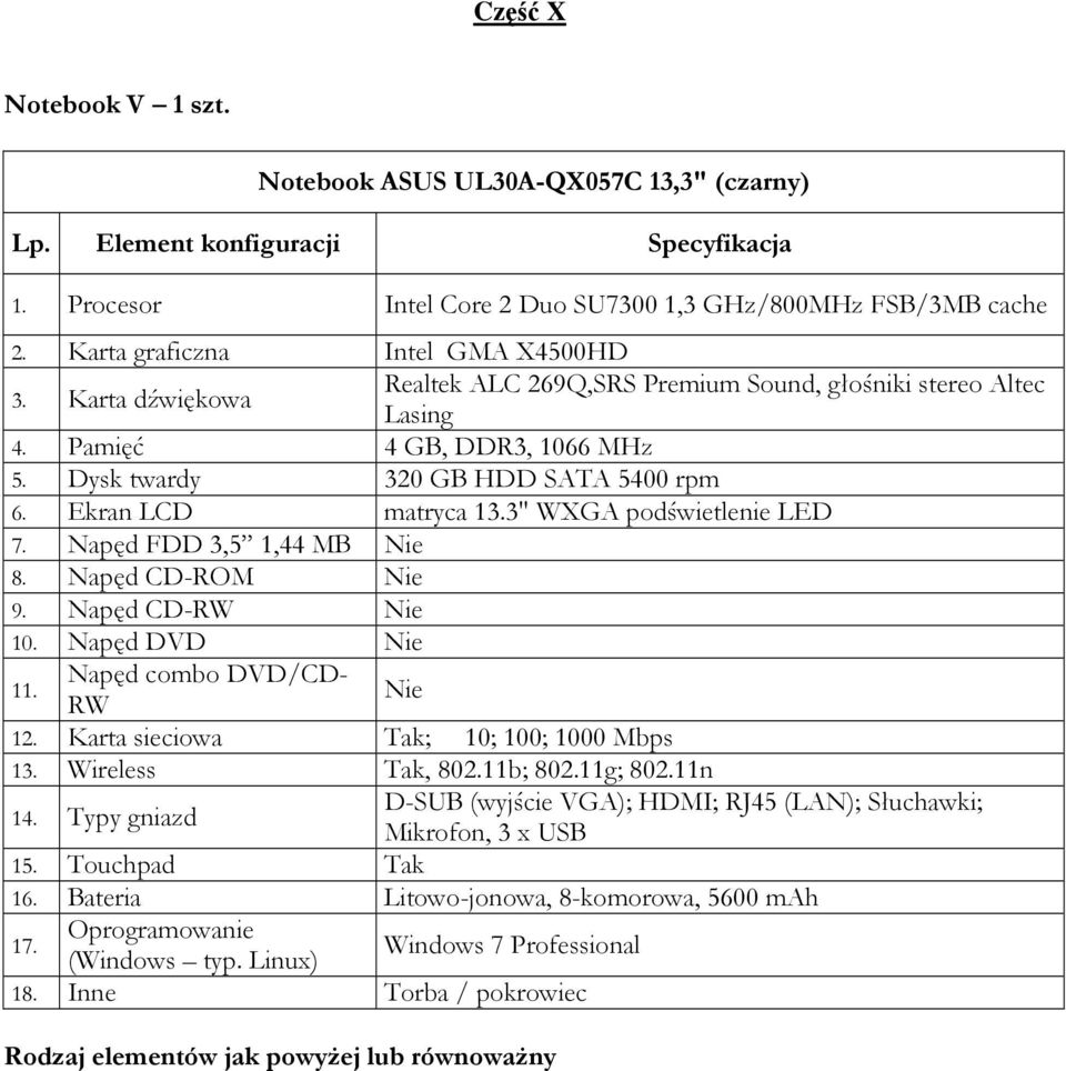 Ekran LCD matryca 13.3" WXGA podświetlenie LED 7. Napęd FDD 3,5 1,44 MB Nie 8. Napęd CD-ROM Nie 9. Napęd CD-RW Nie 10. Napęd DVD Nie 11. Napęd combo DVD/CD- RW Nie 12.