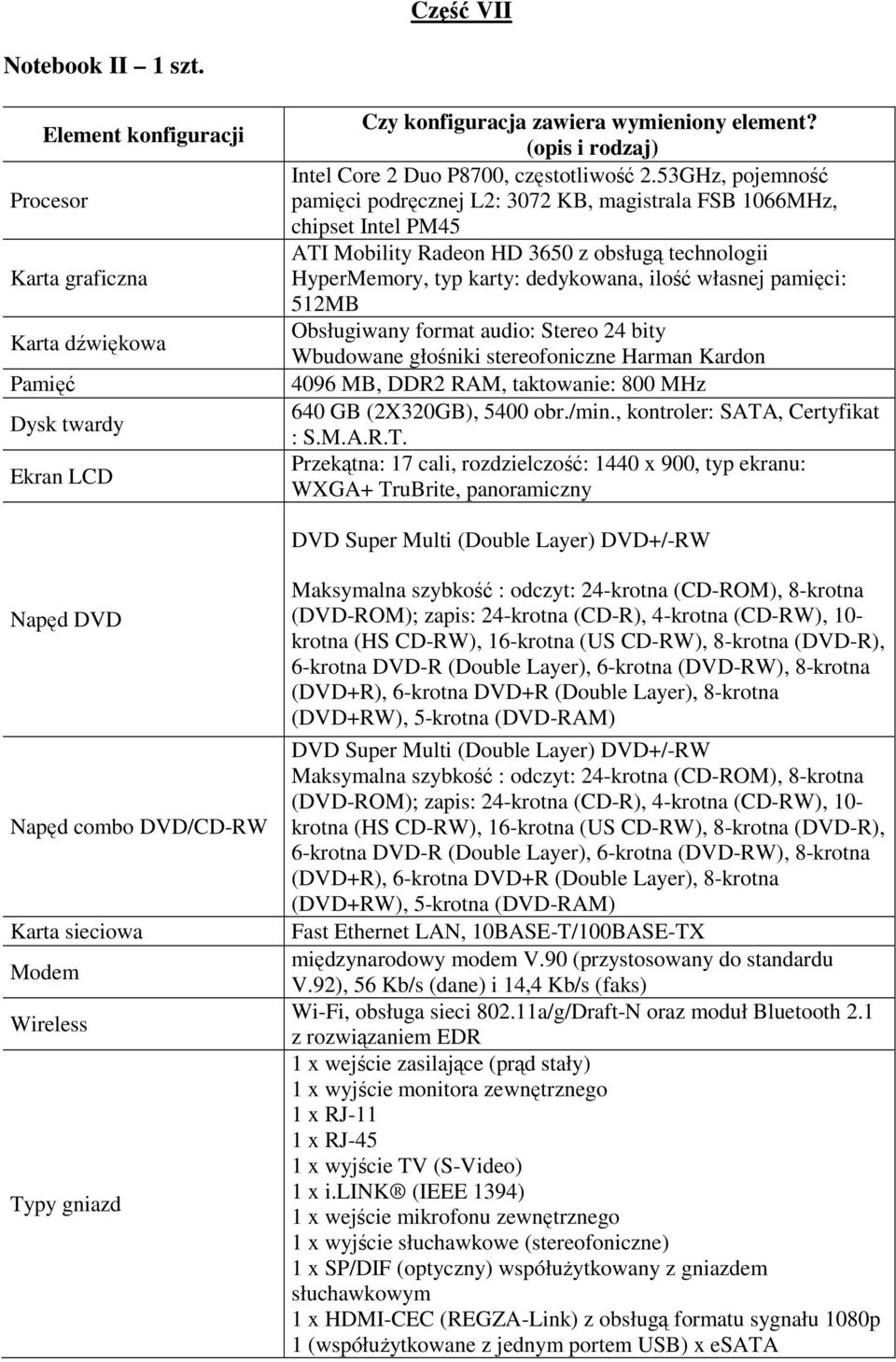 53GHz, pojemność pamięci podręcznej L2: 3072 KB, magistrala FSB 1066MHz, chipset Intel PM45 ATI Mobility Radeon HD 3650 z obsługą technologii HyperMemory, typ karty: dedykowana, ilość własnej