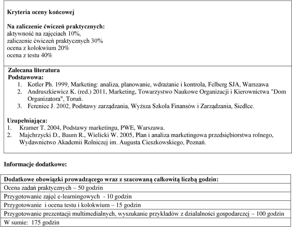 Fereniec J. 2002, Podstawy arądania, Wyżsa Skoła Finansów i Zarądania, Siedlce. Uupełniająca: 1. Kramer T. 2004, Podstawy marketingu, PWE, Warsawa. 2. Majchrycki D., Baum R., Wielicki W.