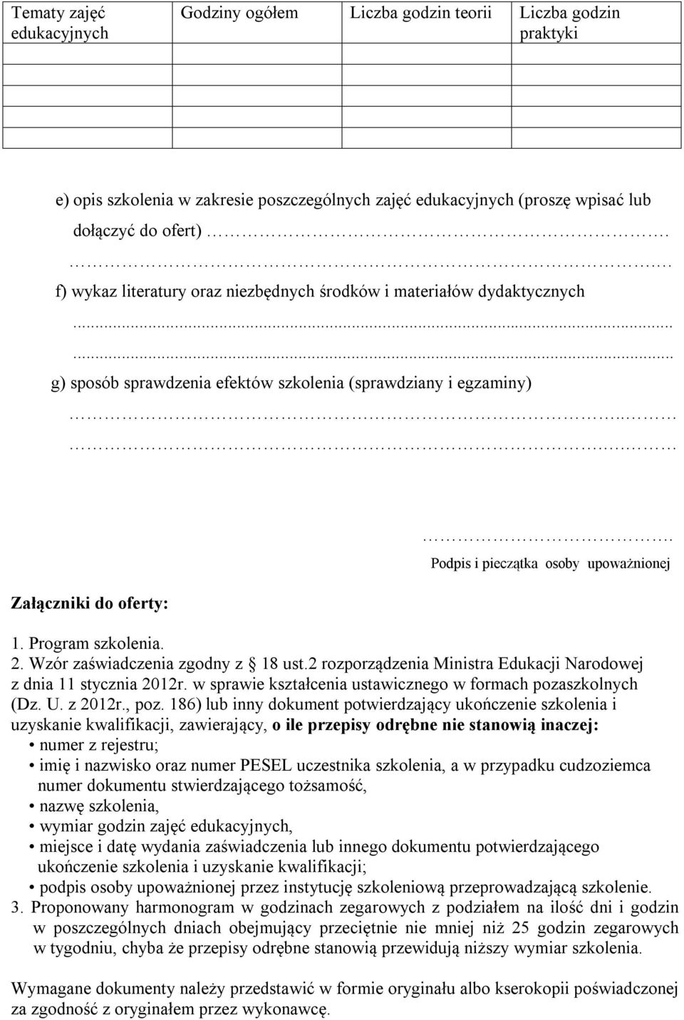 Podpis i pieczątka osoby upoważnionej 1. Program szkolenia. 2. Wzór zaświadczenia zgodny z 18 ust.2 rozporządzenia Ministra Edukacji Narodowej z dnia 11 stycznia 2012r.