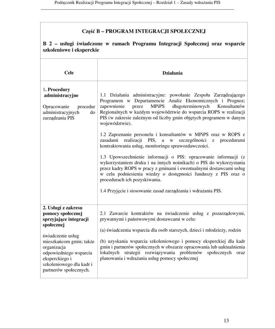 1 Działania administracyjne: powołanie Zespołu Zarządzającego Programem w Departamencie Analiz Ekonomicznych i Prognoz; zapewnienie przez MPiPS długoterminowych Konsultantów Regionalnych w każdym