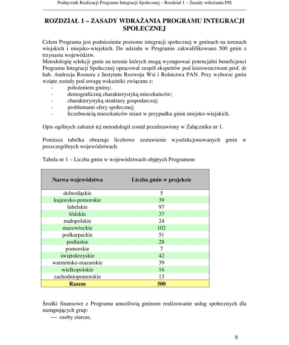 Metodologię selekcji gmin na terenie których mogą występować potencjalni beneficjenci Programu Integracji Społecznej opracował zespół ekspertów pod kierownictwem prof. dr hab.