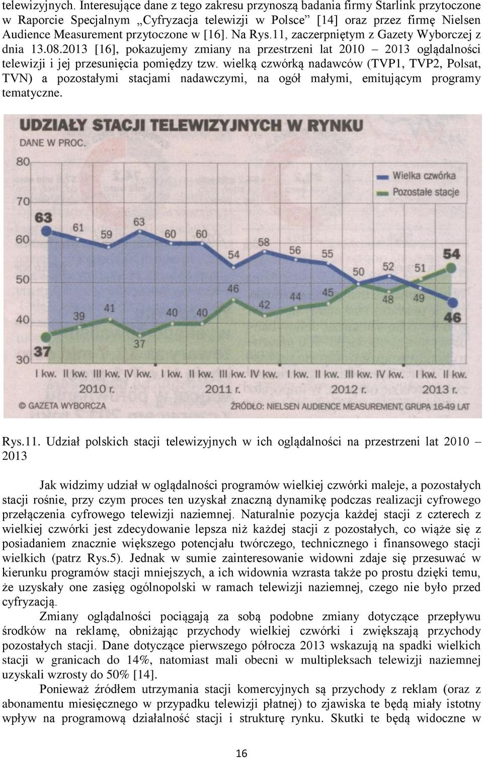 Na Rys.11, zaczerpniętym z Gazety Wyborczej z dnia 13.08.2013 [16], pokazujemy zmiany na przestrzeni lat 2010 2013 oglądalności telewizji i jej przesunięcia pomiędzy tzw.