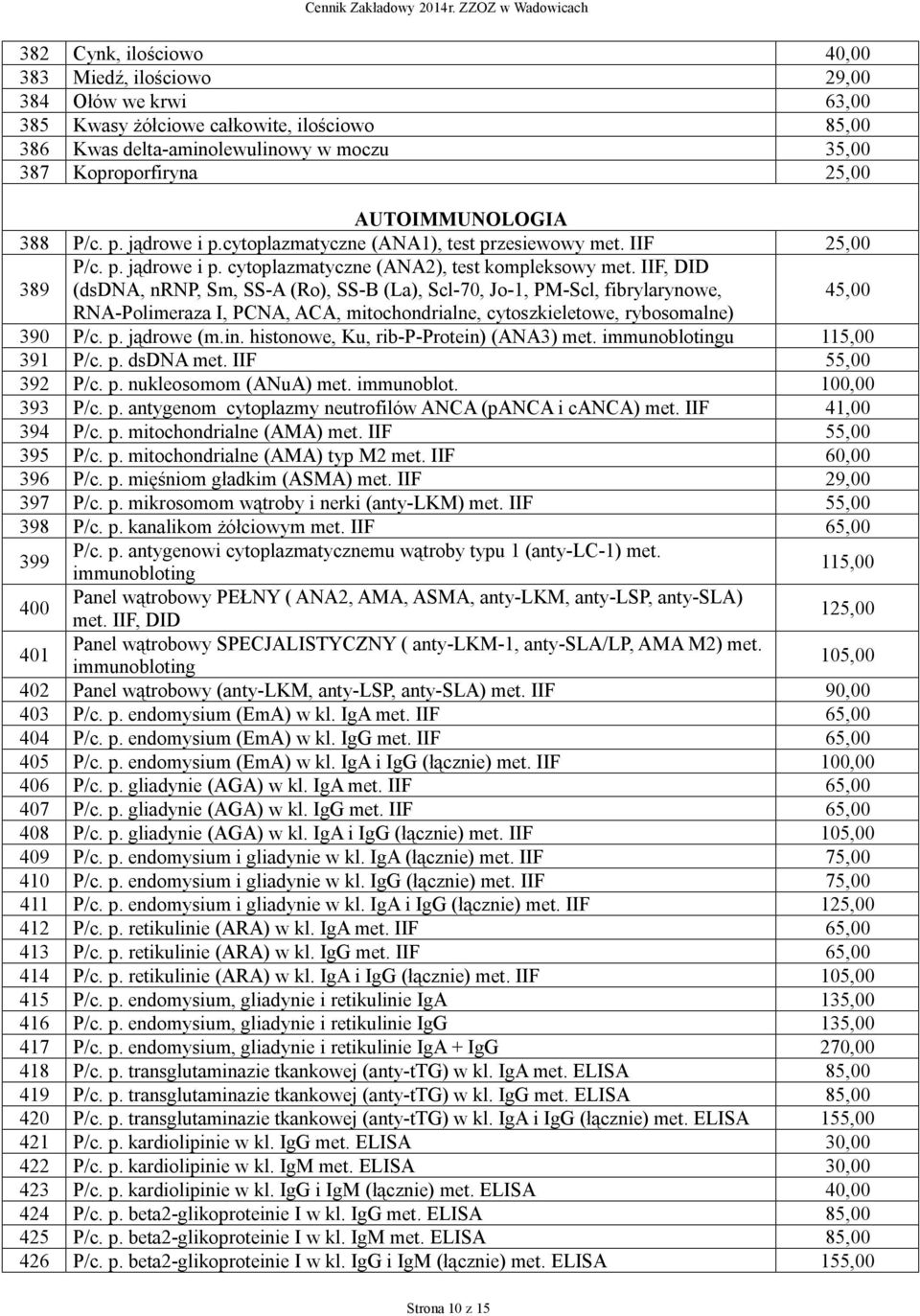 IIF, DID (dsdna, nrnp, Sm, SS-A (Ro), SS-B (La), Scl-70, Jo-1, PM-Scl, fibrylarynowe, 45,00 RNA-Polimeraza I, PCNA, ACA, mitochondrialne, cytoszkieletowe, rybosomalne) 390 P/c. p. jądrowe (m.in.