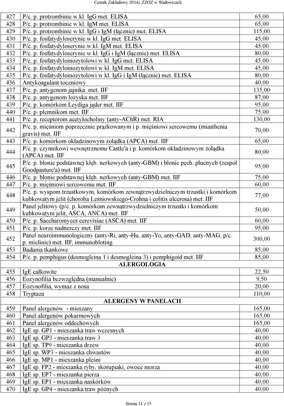 IgG met. ELISA 45,00 434 P/c. p. fosfatydyloinozytolowi w kl. IgM met. ELISA 45,00 435 P/c. p. fosfatydyloinozytolowi w kl. IgG i IgM (łącznie) met.