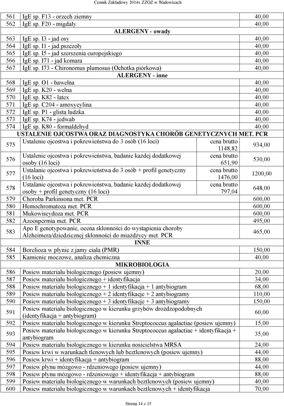 K20 - wełna 40,00 570 IgE sp. K82 - latex 40,00 571 IgE sp. C204 - amoxycylina 40,00 572 IgE sp. P1 - glista ludzka 40,00 573 IgE sp. K74 - jedwab 40,00 574 IgE sp.