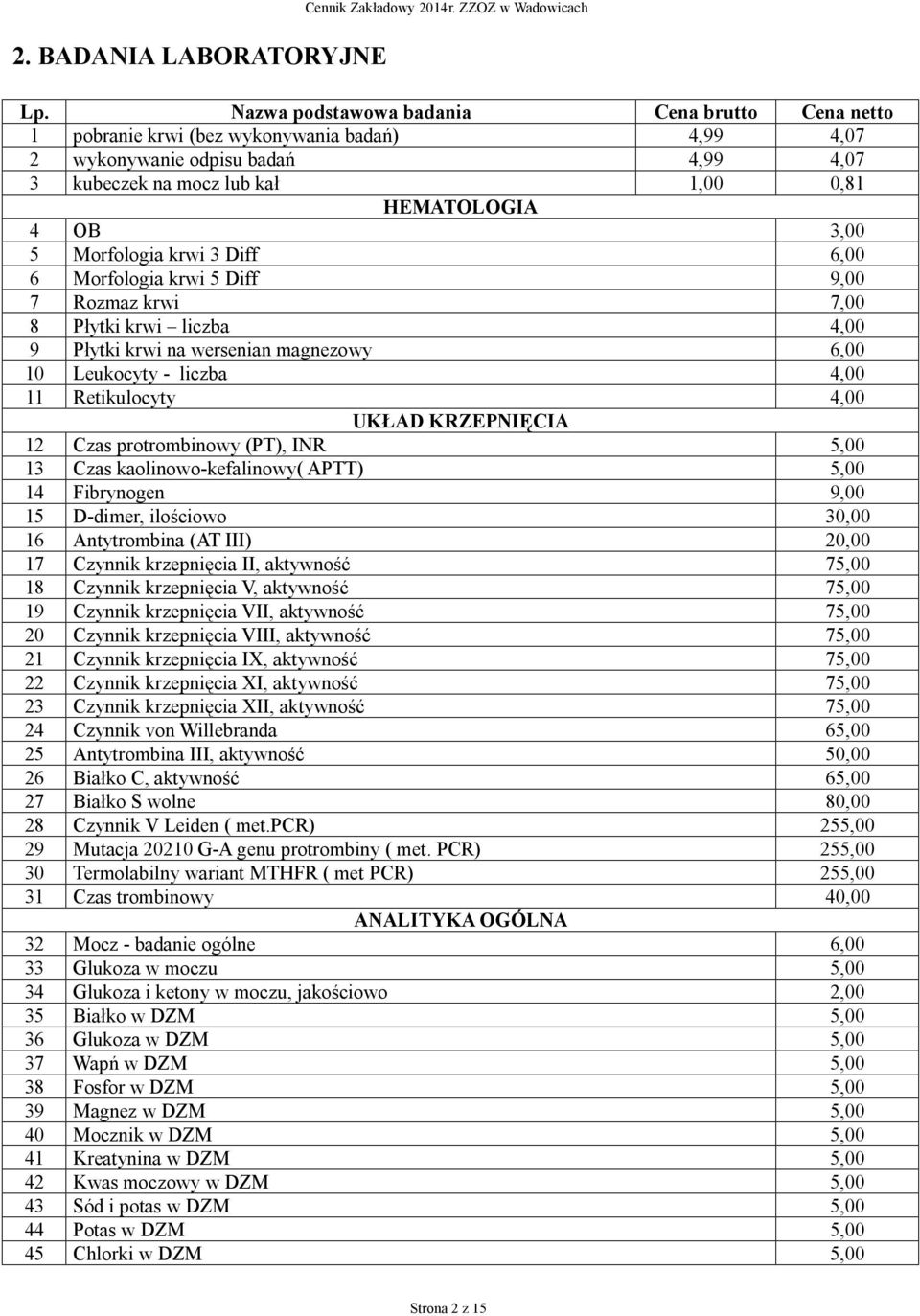 Morfologia krwi 3 Diff 6,00 6 Morfologia krwi 5 Diff 9,00 7 Rozmaz krwi 7,00 8 Płytki krwi liczba 4,00 9 Płytki krwi na wersenian magnezowy 6,00 10 Leukocyty - liczba 4,00 11 Retikulocyty 4,00 UKŁAD