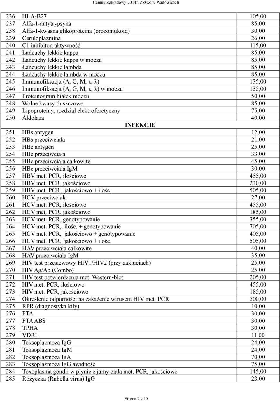 135,00 247 Proteinogram białek moczu 50,00 248 Wolne kwasy tłuszczowe 85,00 249 Lipoproteiny, rozdział elektroforetyczny 75,00 250 Aldolaza 40,00 INFEKCJE 251 HBs antygen 12,00 252 HBs przeciwciała