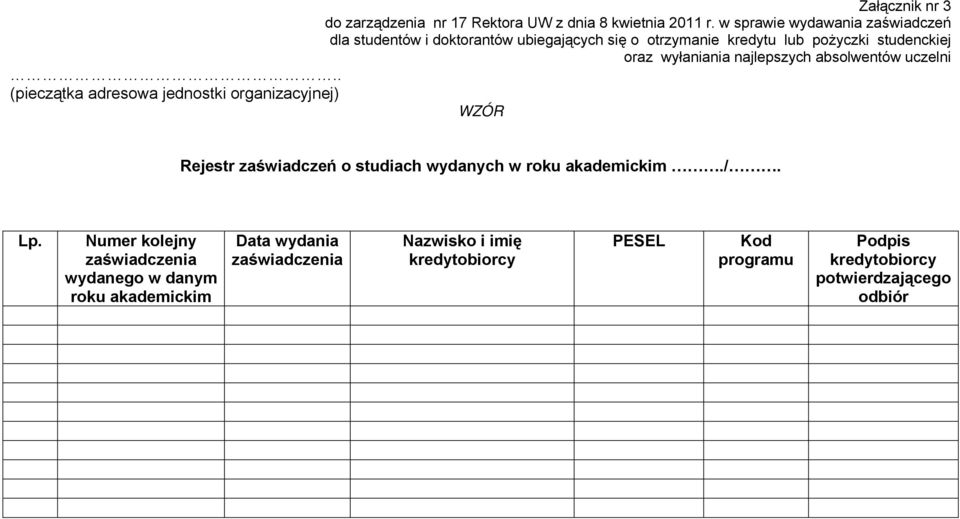 oraz wyłaniania najlepszych absolwentów uczelni.. Rejestr zaświadczeń o studiach wydanych w roku akademickim./. Lp.