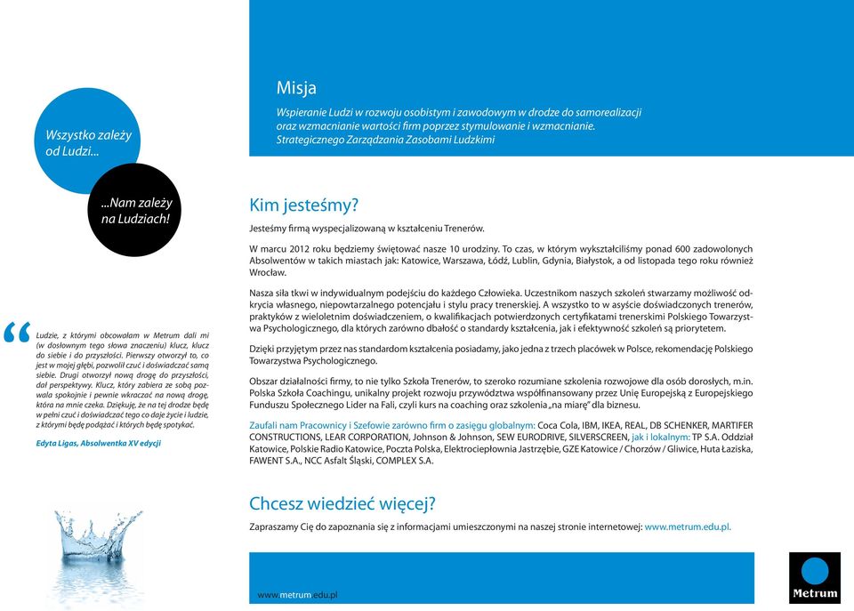 To czas, w którym wykształciliśmy ponad 600 zadowolonych Absolwentów w takich miastach jak: Katowice, Warszawa, Łódź, Lublin, Gdynia, Białystok, a od listopada tego roku również Wrocław.