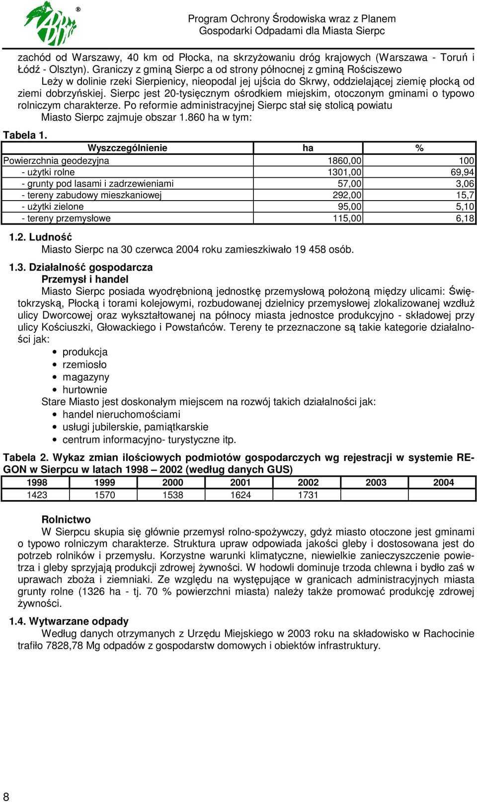 jest 20-tysięcznym ośrodkiem miejskim, otoczonym gminami o typowo rolniczym charakterze. Po reformie administracyjnej stał się stolicą powiatu Miasto zajmuje obszar 1.860 ha w tym: Tabela 1.