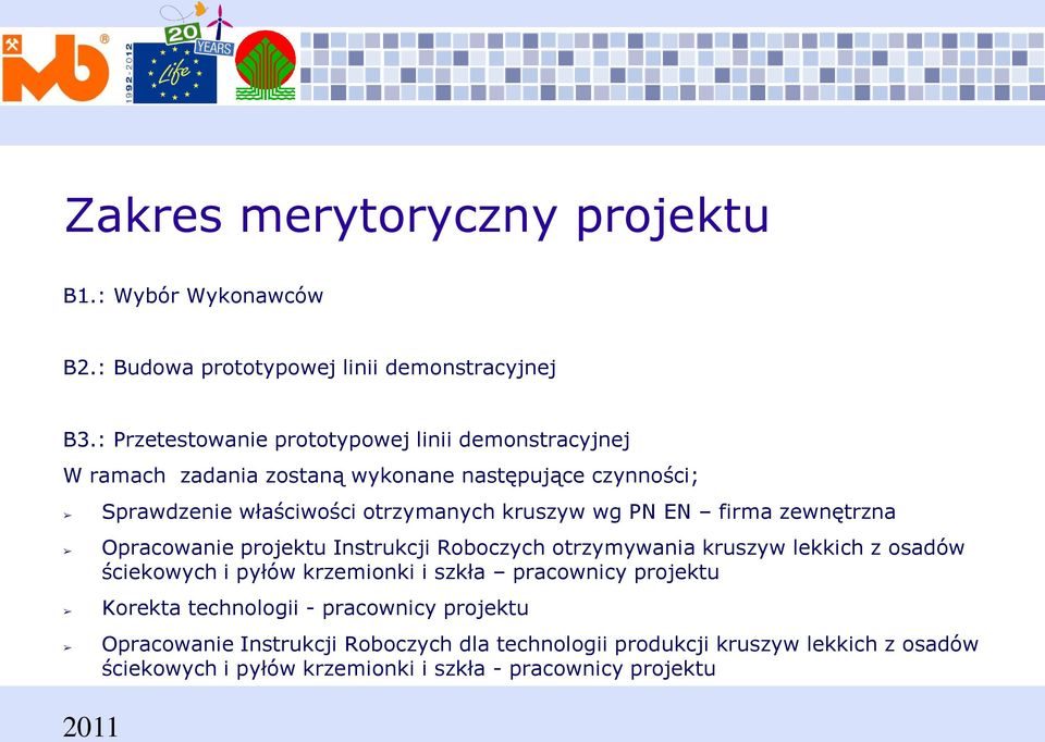 kruszyw wg PN EN firma zewnętrzna Opracowanie projektu Instrukcji Roboczych otrzymywania kruszyw lekkich z osadów ściekowych i pyłów krzemionki i