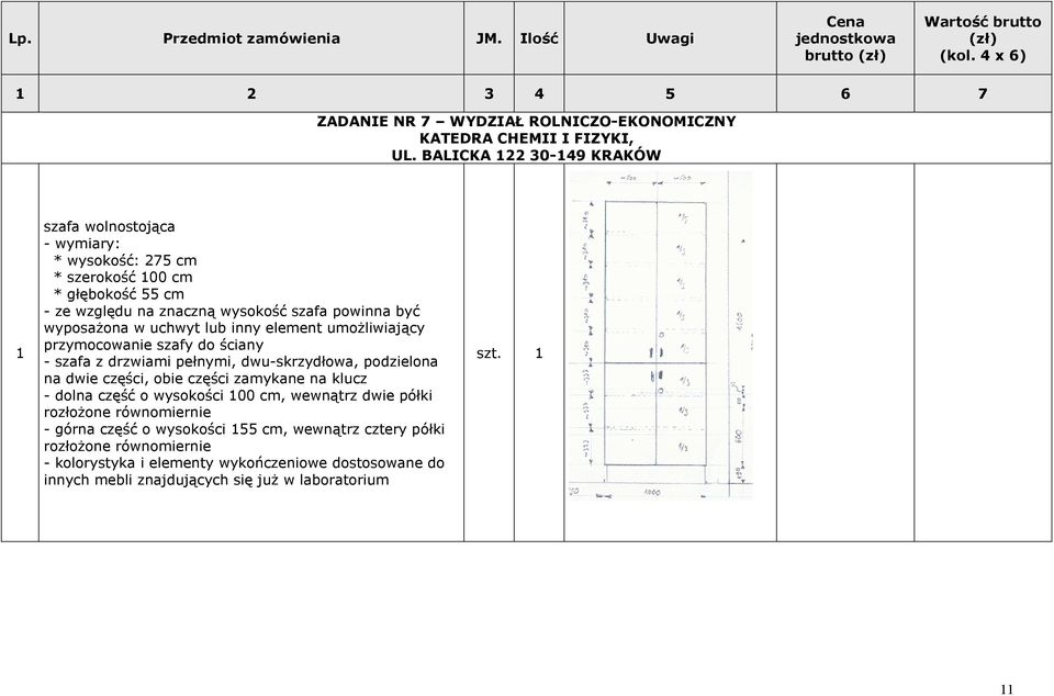 inny element umoŝliwiający przymocowanie szafy do ściany - szafa z drzwiami pełnymi, dwu-skrzydłowa, podzielona na dwie części, obie części zamykane na klucz - dolna część o wysokości 100