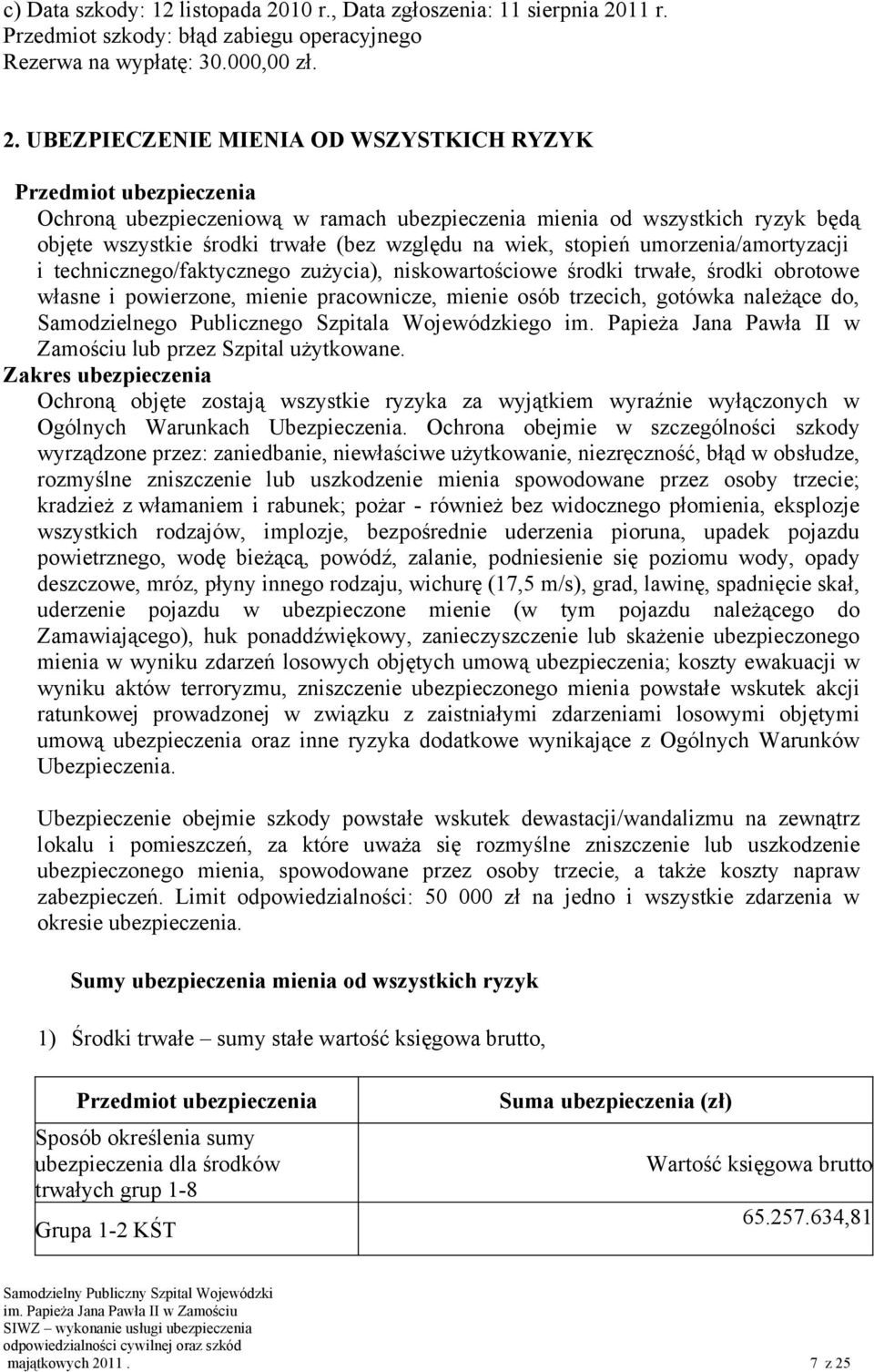 11 r. Przedmiot szkody: błąd zabiegu operacyjnego Rezerwa na wypłatę: 30.000,00 zł. 2.