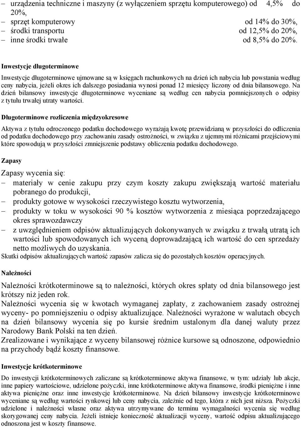 miesięcy liczony od dnia bilansowego. Na dzień bilansowy inwestycje długoterminowe wyceniane są według cen nabycia pomniejszonych o odpisy z tytułu trwałej utraty wartości.