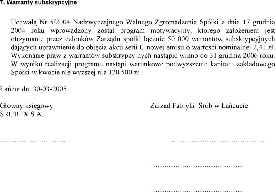 wartości nominalnej 2,41 zł. Wykonanie praw z warrantów subskrypcyjnych nastąpić winno do 31 grudnia 2006 roku.