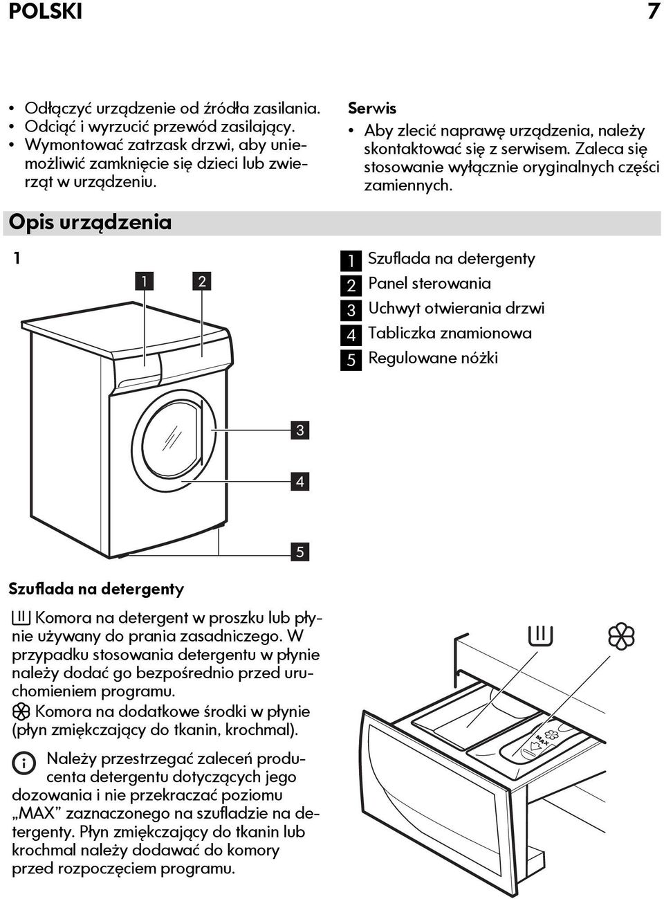 1 1 2 1 Szuflada na detergenty 2 Panel sterowania 3 Uchwyt otwierania drzwi 4 Tabliczka znamionowa 5 Regulowane nóżki 3 4 Szuflada na detergenty Komora na detergent w proszku lub płynie używany do