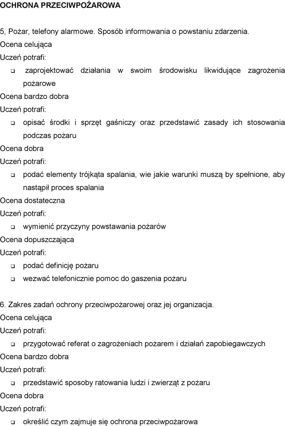 trójkąta spalania, wie jakie warunki muszą by spełnione, aby nastąpił proces spalania wymienić przyczyny powstawania pożarów podać definicję pożaru wezwać telefonicznie pomoc