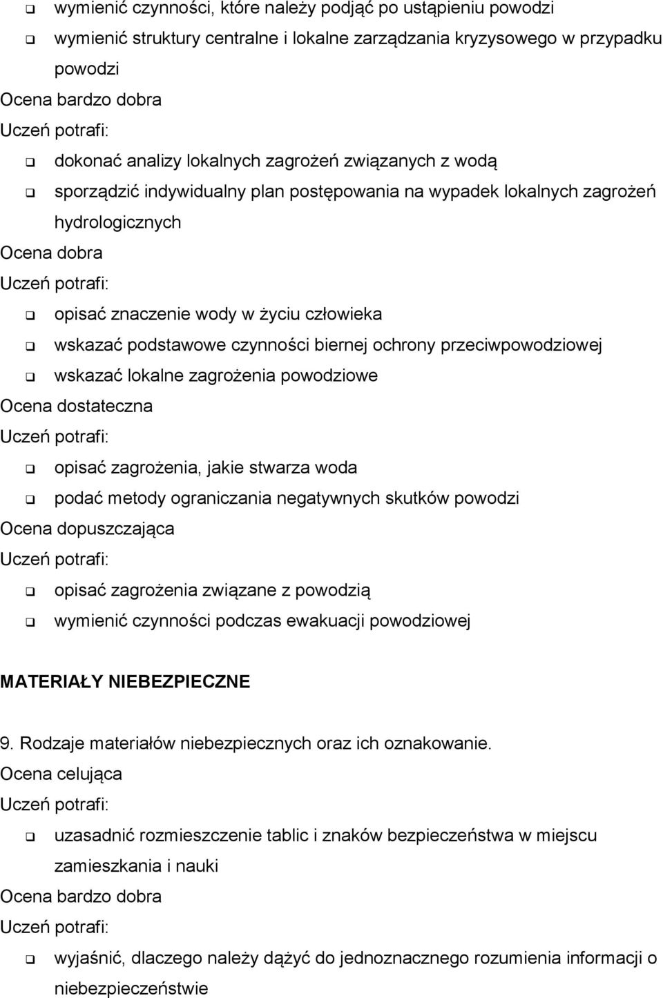 lokalne zagrożenia powodziowe opisać zagrożenia, jakie stwarza woda podać metody ograniczania negatywnych skutków powodzi opisać zagrożenia związane z powodzią wymienić czynności podczas ewakuacji