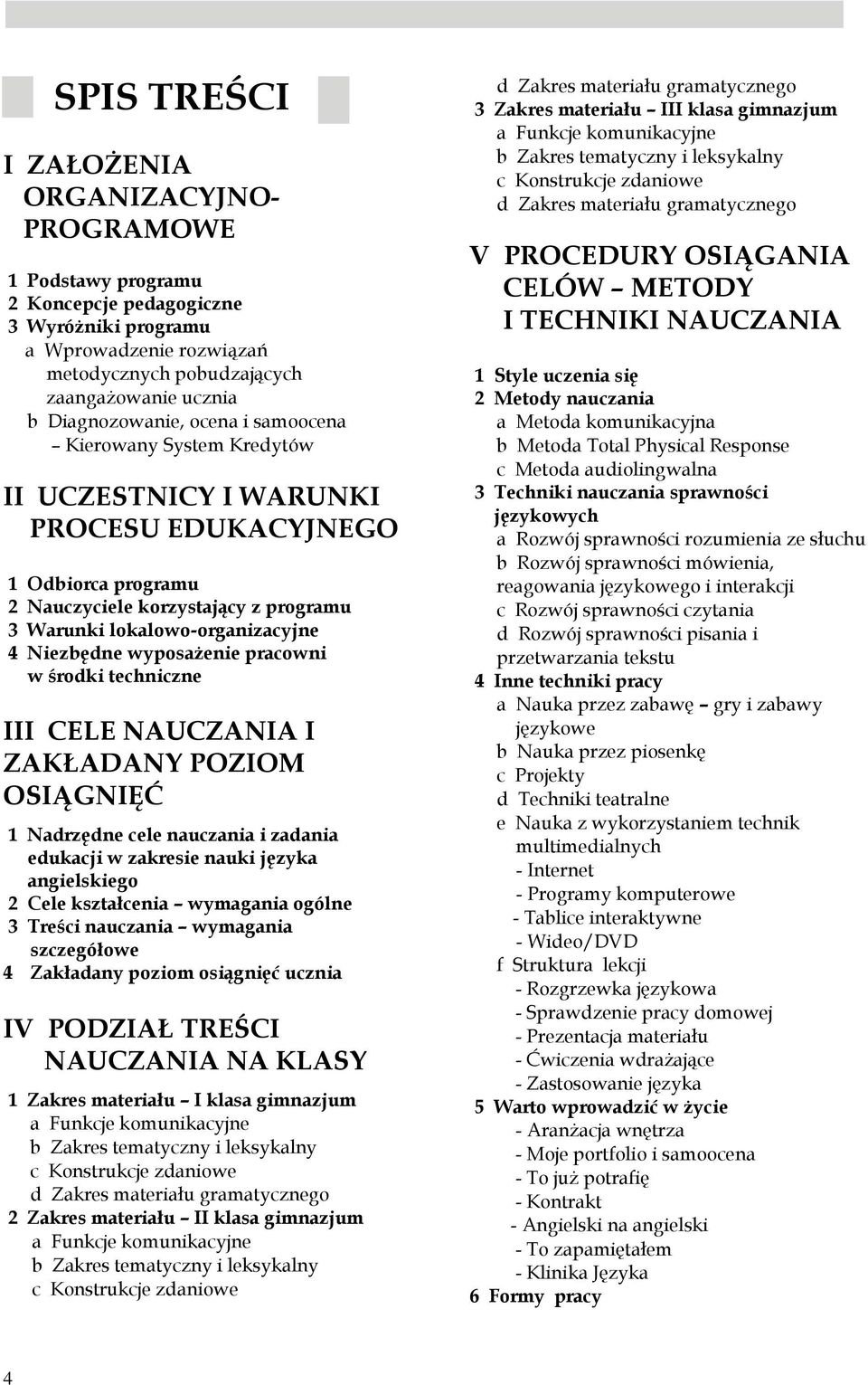 Niezbędne wyposażenie pracowni w środki techniczne III CELE NAUCZANIA I ZAKŁADANY POZIOM OSIĄGNIĘĆ 1 Nadrzędne cele nauczania i zadania edukacji w zakresie nauki języka angielskiego 2 Cele