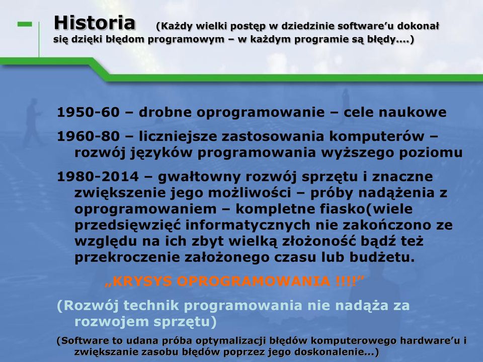 zwiększenie jego możliwości próby nadążenia z oprogramowaniem kompletne fiasko(wiele przedsięwzięć informatycznych nie zakończono ze względu na ich zbyt wielką złożoność bądź też