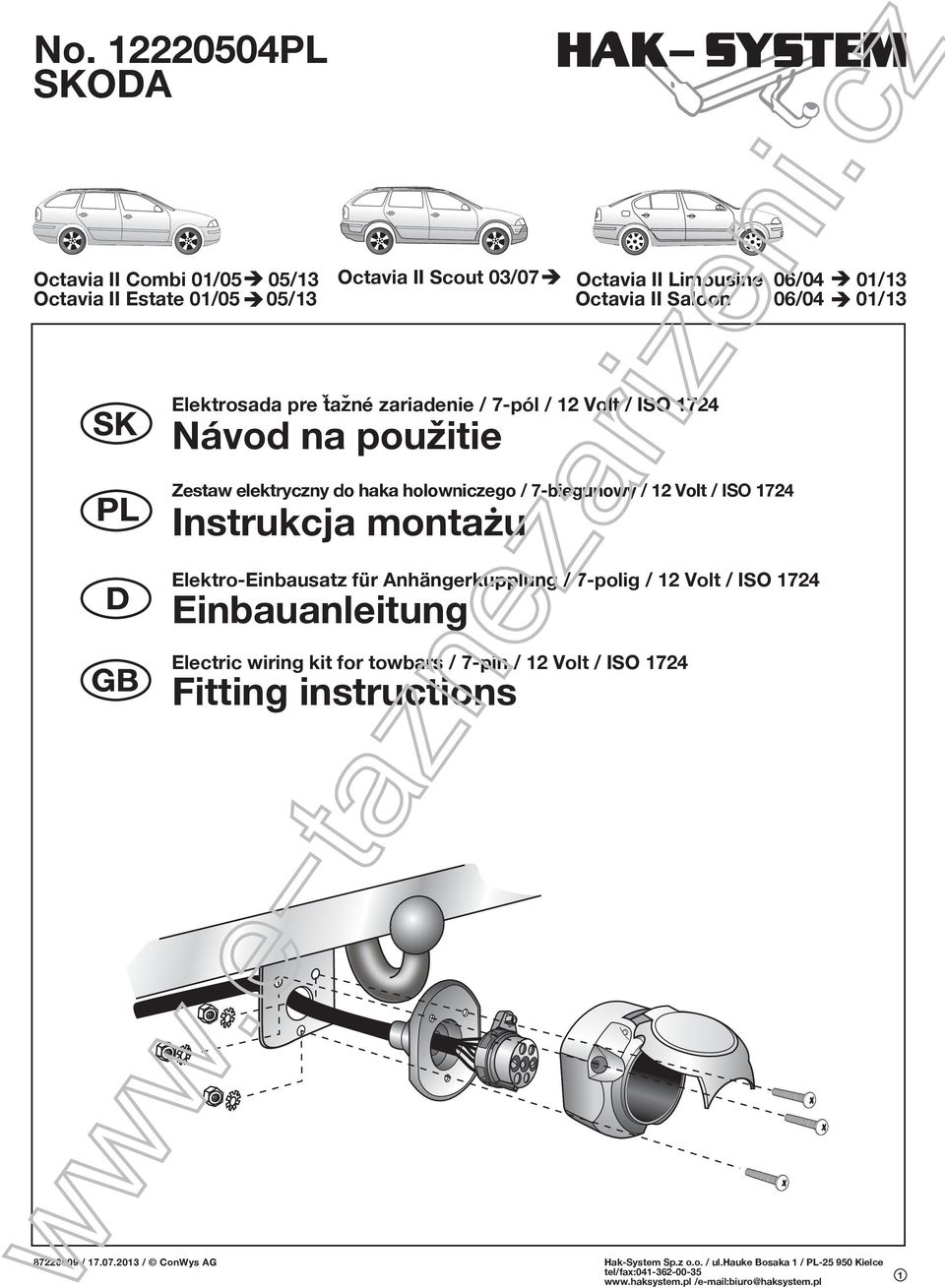 Zestaw elektryczny do haka holowniczego / 7-biegunowy / 12 Volt / ISO 1724 Instrukcja montazu Elektro-Einbausatz für