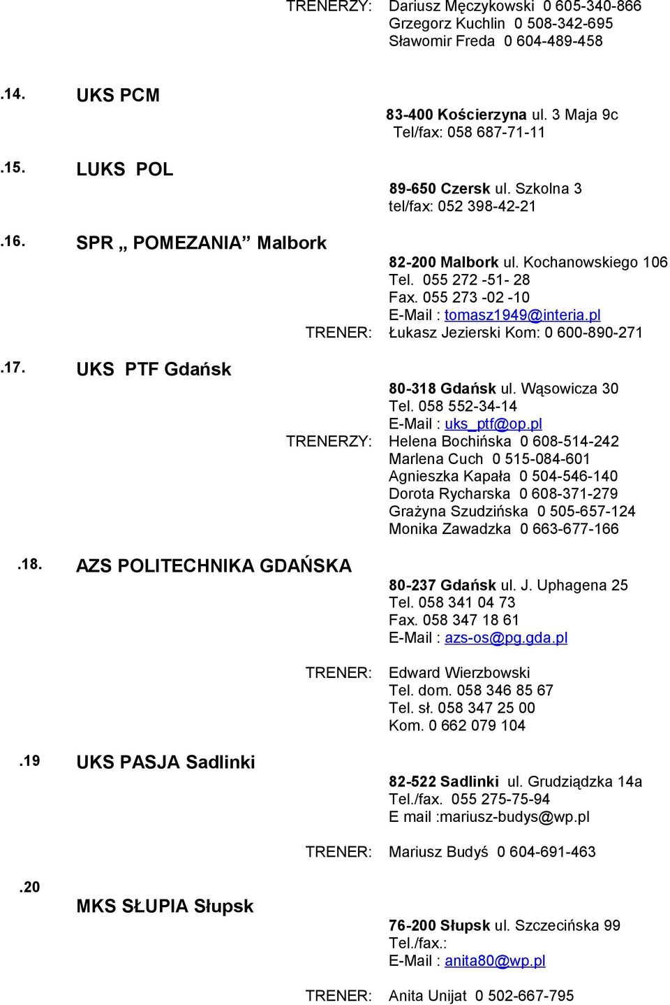 pl TRENER: Łukasz Jezierski Kom: 0 600-890-271.17. UKS PTF Gdańsk 80-318 Gdańsk ul. Wąsowicza 30 Tel. 058 552-34-14 E-Mail : uks_ptf@op.