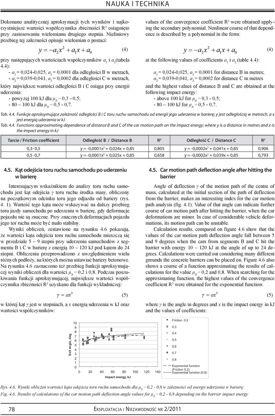 4): --a = 0,04-0,05, a = 0,0001 dla odległości B w metrach, 1 --a = 0,039-0,041, a = 0,000 dla odległości C w metrach, który największe wartości odległości B i C osiąga przy energii uderzenia: