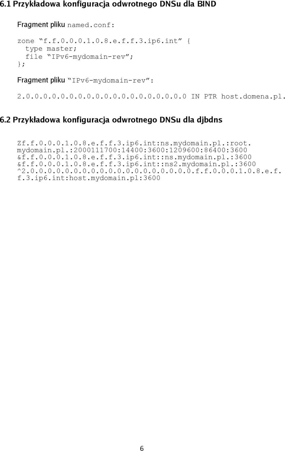 2 Przykładowa konfiguracja odwrotnego DNSu dla djbdns Zf.f.0.0.0.1.0.8.e.f.f.3.ip6.int:ns.mydomain.pl.:root. mydomain.pl.:2000111700:14400:3600:1209600:86400:3600 &f.