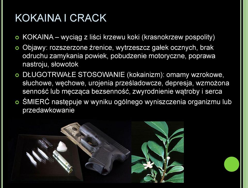 STOSOWANIE (kokainizm): omamy wzrokowe, słuchowe, węchowe, urojenia prześladowcze, depresja, wzmożona senność lub