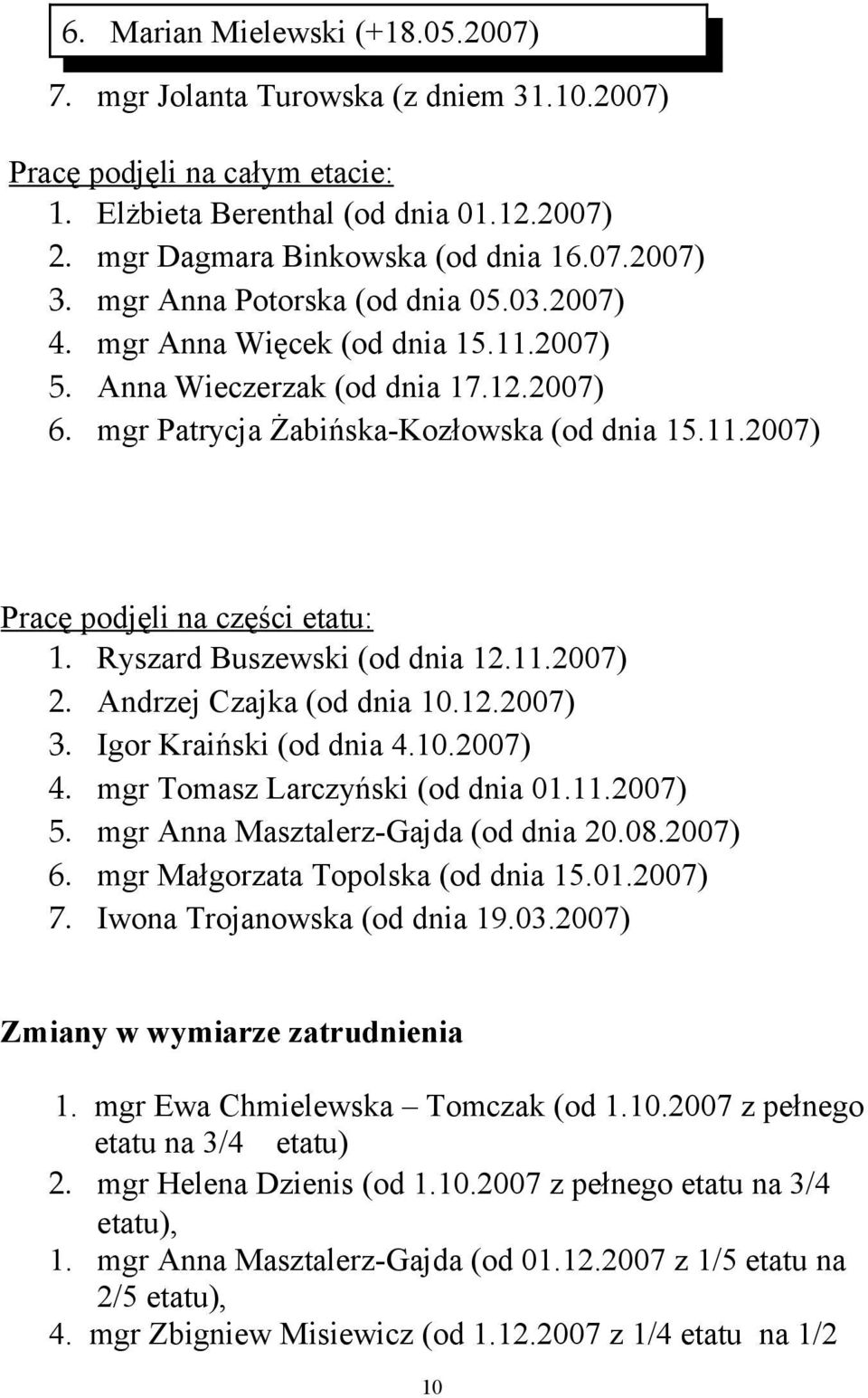 Ryszard Buszewski (od dnia 12.11.2007) 2. Andrzej Czajka (od dnia 10.12.2007) 3. Igor Kraiński (od dnia 4.10.2007) 4. mgr Tomasz Larczyński (od dnia 01.11.2007) 5.