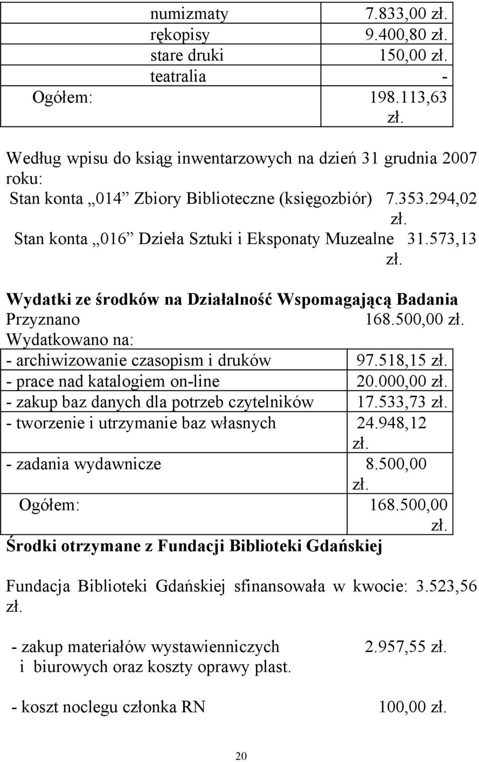 573,13 zł. Wydatki ze środków na Działalność Wspomagającą Badania Przyznano 168.500,00 zł. Wydatkowano na: - archiwizowanie czasopism i druków 97.518,15 zł. - prace nad katalogiem on-line 20.