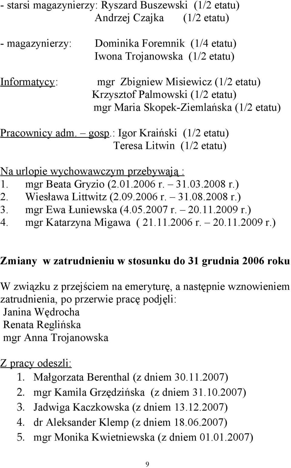 mgr Beata Gryzio (2.01.2006 r. 31.03.2008 r.) 2. Wiesława Littwitz (2.09.2006 r. 31.08.2008 r.) 3. mgr Ewa Łuniewska (4.05.2007 r. 20.11.2009 r.