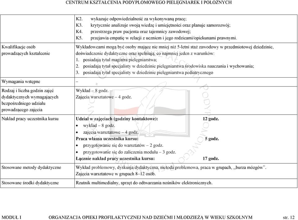 Kwalifikacje osób prowadzących kształcenie Wykładowcami mogą być osoby mające nie mniej niż 5-letni staż zawodowy w przedmiotowej dziedzinie, doświadczenie dydaktyczne oraz spełniają, co najmniej