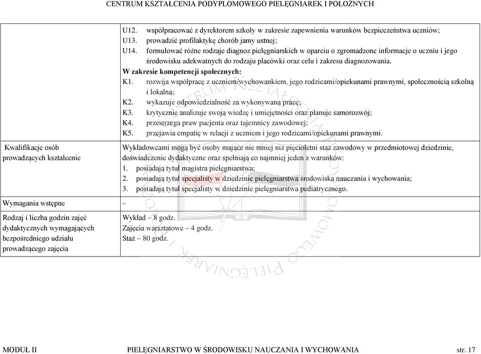 W zakresie kompetencji społecznych: K1. rozwija współpracę z uczniem/wychowankiem, jego rodzicami/opiekunami prawnymi, społecznością szkolną i lokalną; K2.