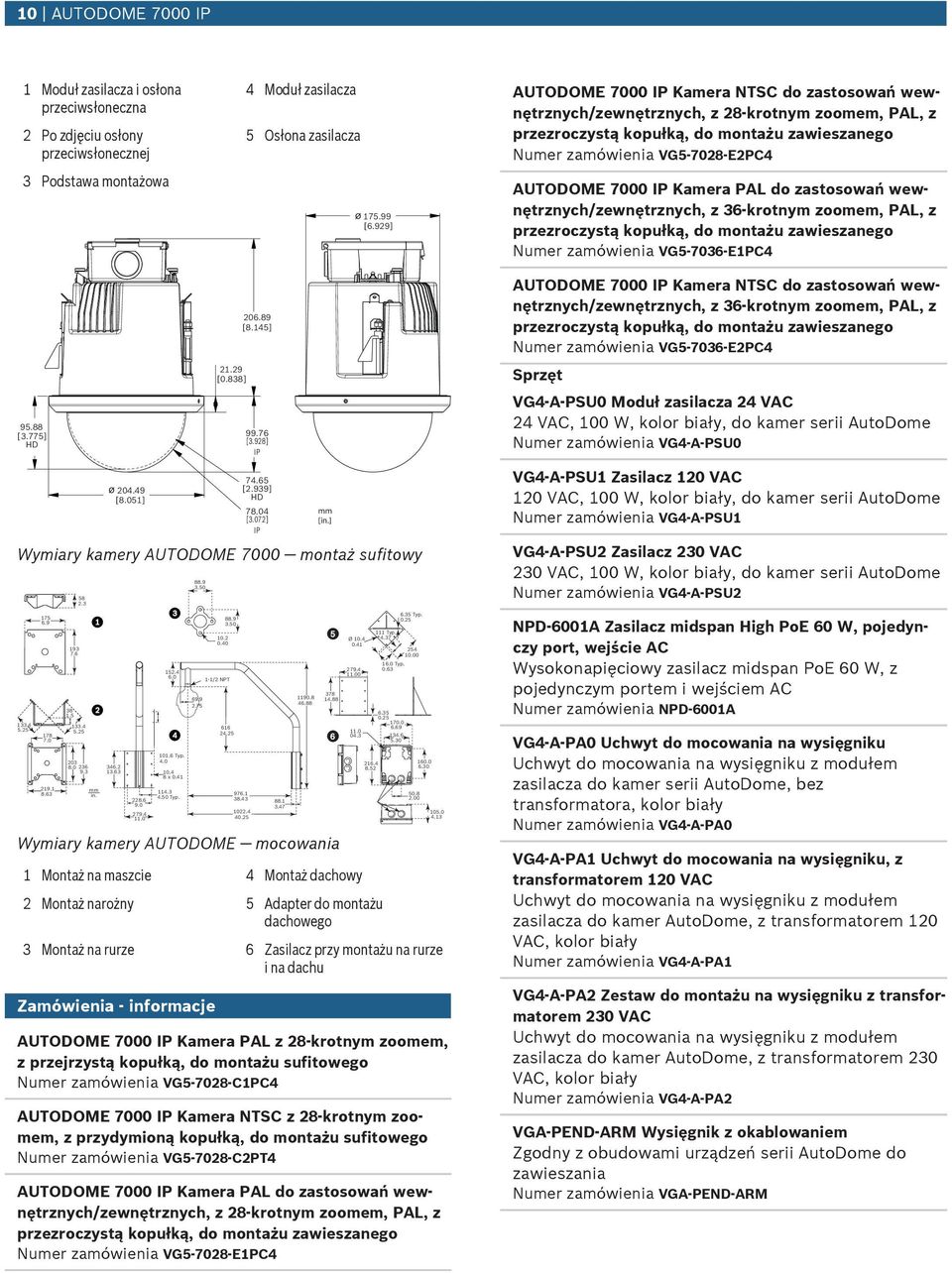 Kamera PAL do zastosowań wewnętrznych/zewnętrznych, z 36-krotnym zoomem, PAL, z przezroczystą kopułką, do montażu zawieszanego Numer zamówienia VG5-7036-E1PC4 95.88 [3.775] HD ø 204.49 [8.051] 21.