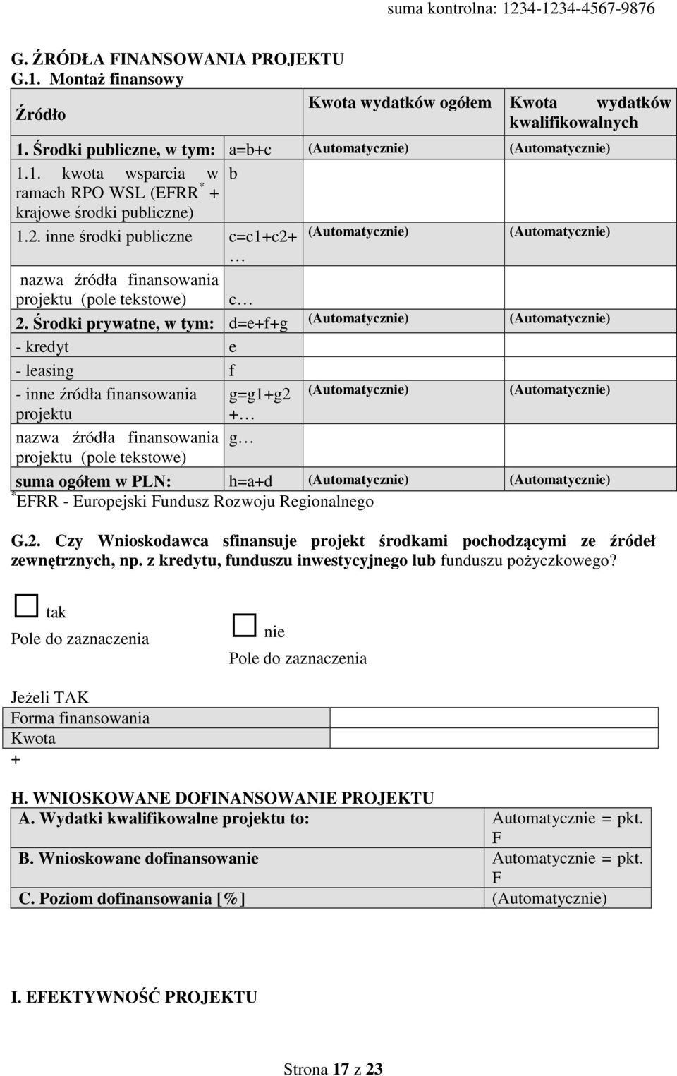 Środki prywatne, w tym: d=e+f+g (Automatycznie) (Automatycznie) - kredyt e - leasing f - inne źródła finansowania g=g1+g2 (Automatycznie) (Automatycznie) projektu + nazwa źródła finansowania g