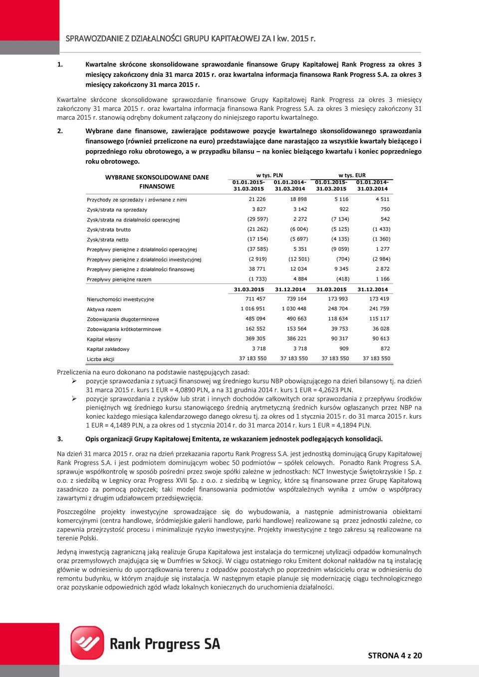 oraz kwartalna informacja finansowa Rank Progress S.A. za okres 3 miesięcy zakończony 31 marca 20