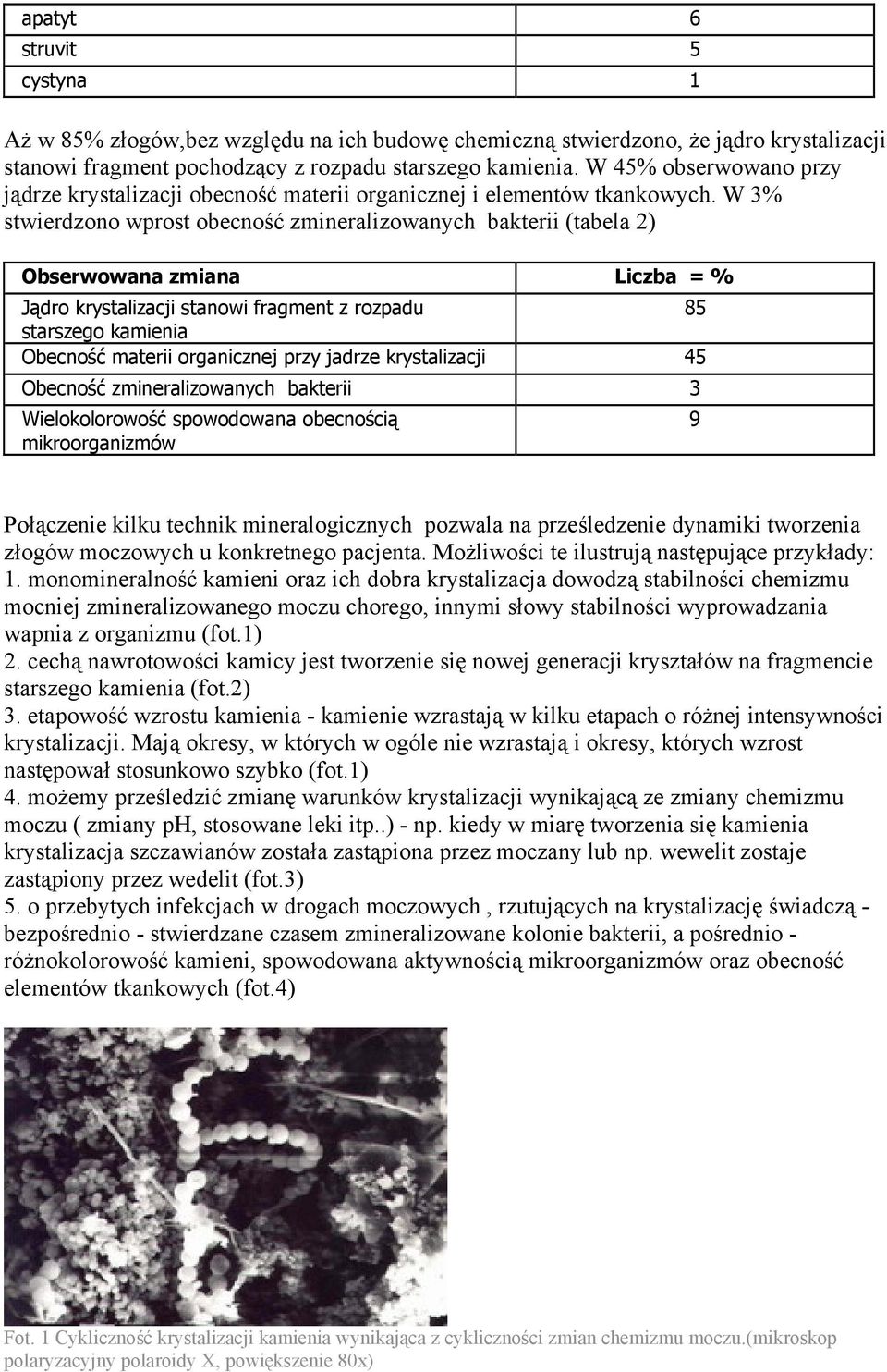 W 3% stwierdzono wprost obecność zmineralizowanych bakterii (tabela 2) Obserwowana zmiana Liczba = % Jądro krystalizacji stanowi fragment z rozpadu 85 starszego kamienia Obecność materii organicznej