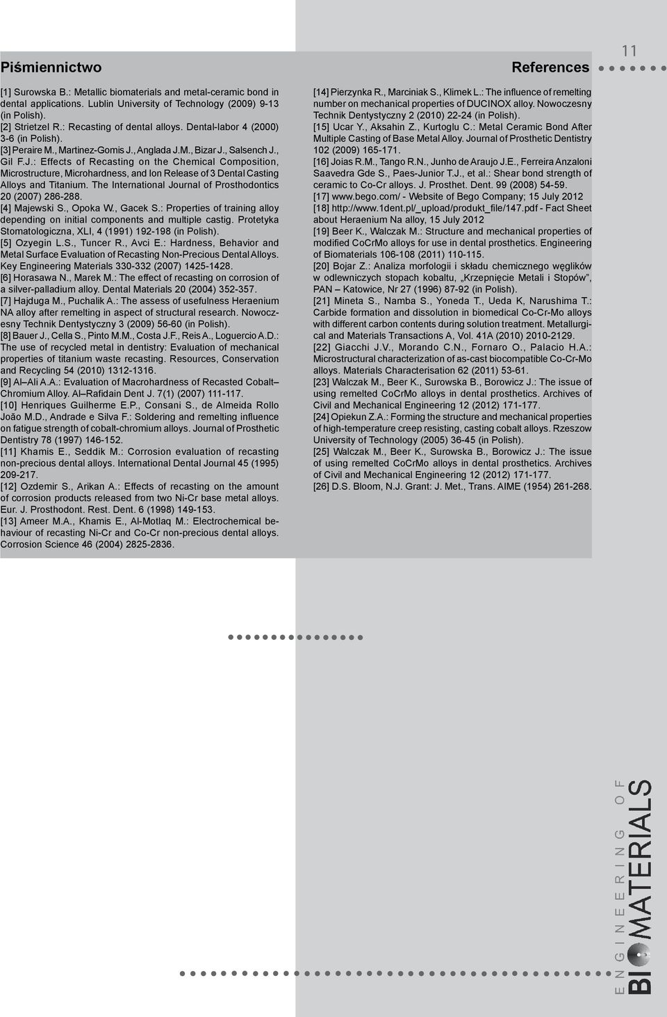 , Anglada J.M., Bizar J., Salsench J., Gil F.J.: Effects of Recasting on the Chemical Composition, Microstructure, Microhardness, and Ion Release of 3 Dental Casting Alloys and Titanium.