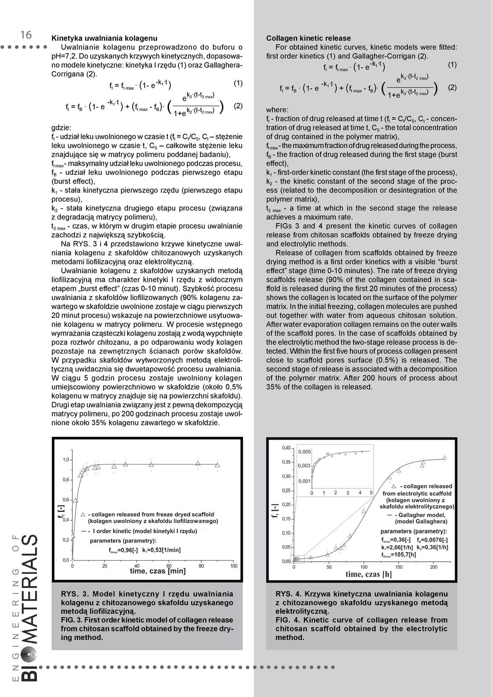 f t = f t max (1- e -k1 t ) (1) e ( 2 (t-t 2 max ) f t = f B (1- e -k1 t ) + (f t max - f B ) 1+e k 2 (t-t 2 max ) ) (2) gdzie: f t - udział leku uwolnionego w czasie t (f t = C t /C 0, C t stężenie