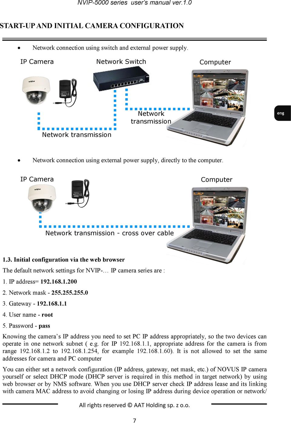 IP Camera Computer Network transmission - cross over cable 1.3. Initial configuration via the web browser The default network settings for NVIP- IP camera series are : 1. IP address= 192.168.1.200 2.