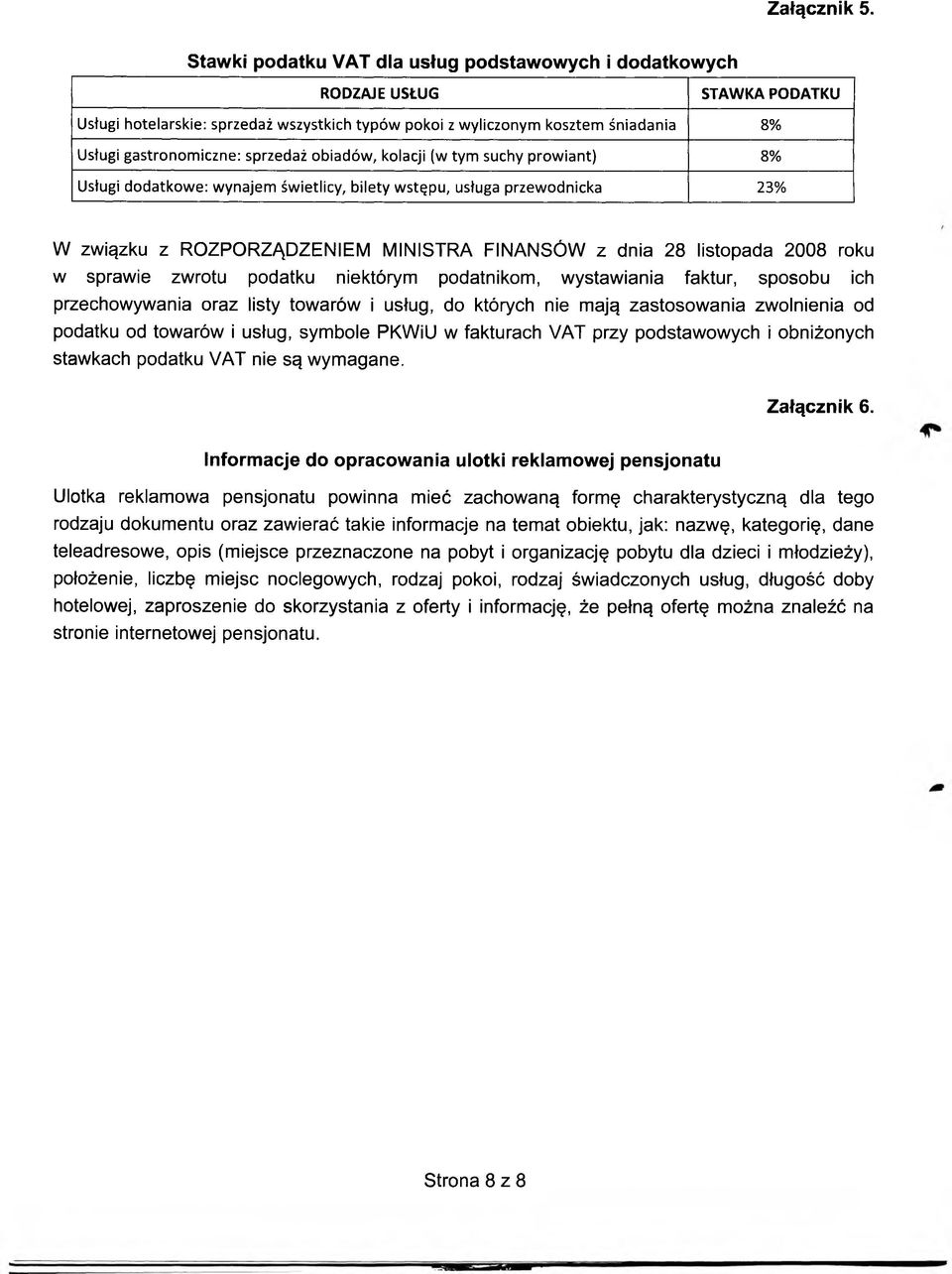 sprzedaż obiadów, kolacji (w tym suchy prowiant) 8% Usługi dodatkowe: wynajem świetlicy, bilety wstępu, usługa przewodnicka 23% W związku z ROZPORZĄDZENIEM MINISTRA FINANSÓW z dnia 28 listopada 2008