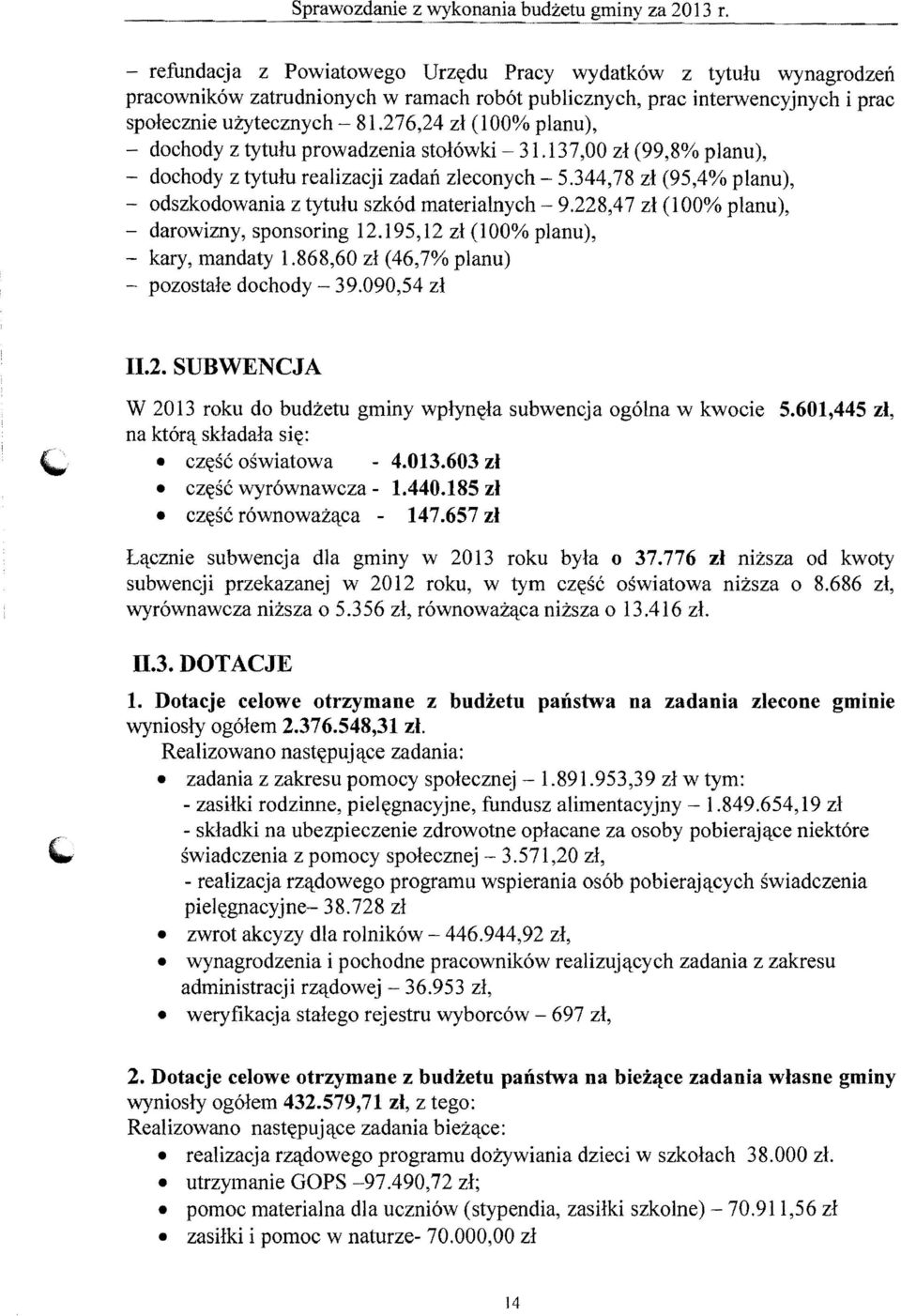 276,24 zl (100% planu), - dochody z tytulu prowadzenia stolowki - 31.137,00 zl (99,8% planu), - dochody z tytulu realizacji zadaii zleconych - 5.