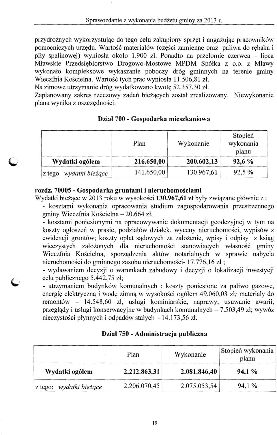 Wartose tych prac wyniosla 11.506,81 zl. Na zimowe utrzymanie drog wydatkowano kwot~ 52.357,30 zl. Zaplanowany zakres rzeczowy zadan biez~cych zostal zrealizowany.