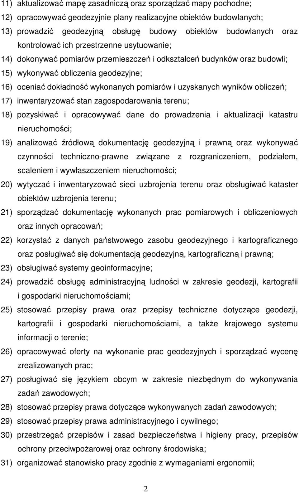 uzyskanych wyników obliczeń; 17) inwentaryzować stan zagospodarowania terenu; 18) pozyskiwać i opracowywać dane do prowadzenia i aktualizacji katastru nieruchomości; 19) analizować źródłową