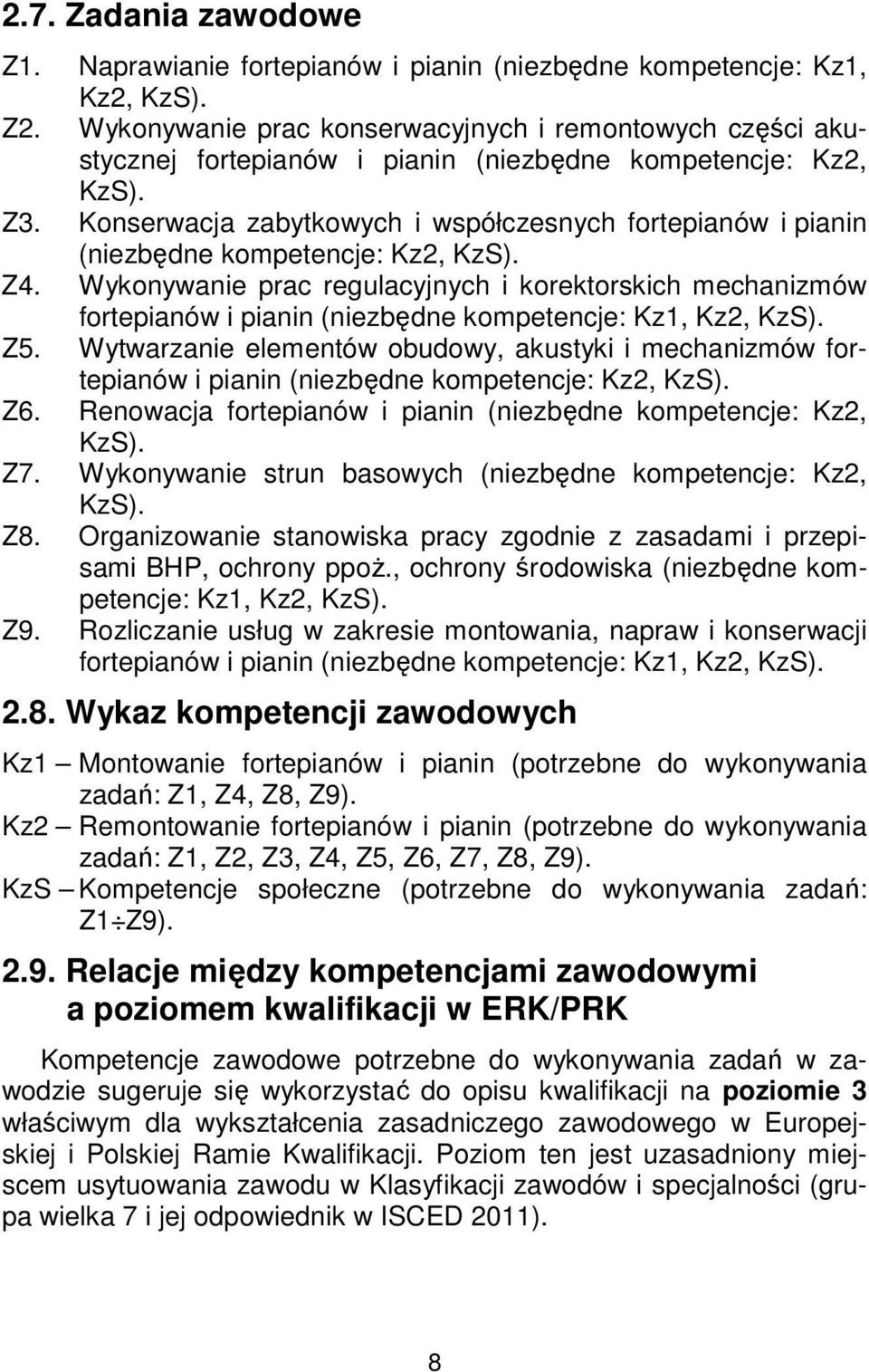 Konserwacja zabytkowych i współczesnych fortepianów i pianin (niezbędne kompetencje: Kz2, KzS). Z4.