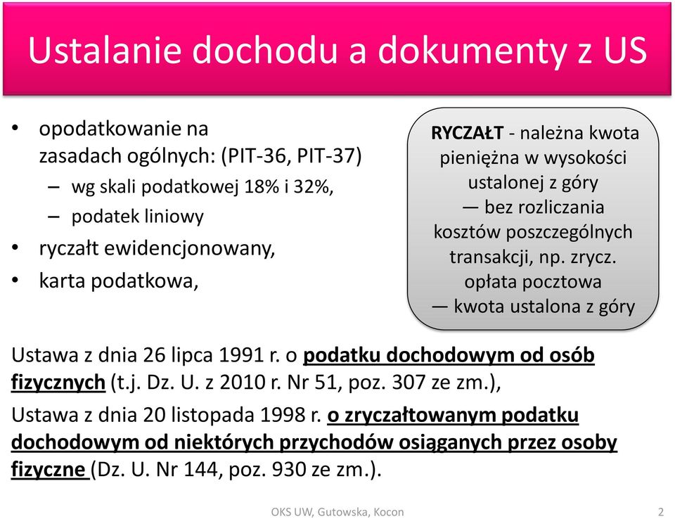 opłata pocztowa kwota ustalona z góry Ustawa z dnia 26 lipca 1991 r. o podatku dochodowym od osób fizycznych (t.j. Dz. U. z 2010 r. Nr 51, poz. 307 ze zm.