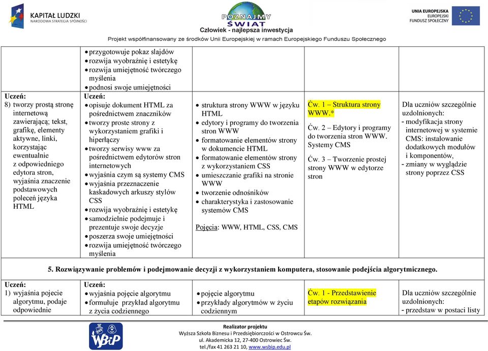 wykorzystaniem grafiki i hiperłączy tworzy serwisy www za pośrednictwem edytorów stron internetowych wyjaśnia czym są systemy CMS wyjaśnia przeznaczenie kaskadowych arkuszy stylów CSS rozwija